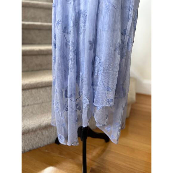 DKNY Dusty Blue Embroidered Floral Sleeveless Asymmetric Hem Midi Dress - Picture 2 of 9